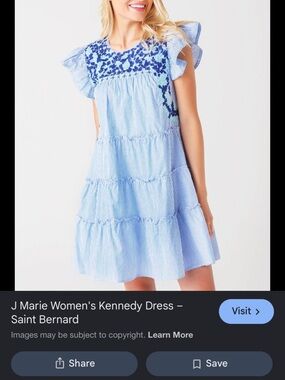 J Marie Blue Striped Ruffle-Sleeve Tiered Dress with Blue Embroidery size small